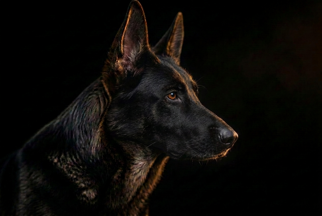 A focused, alert silver sable German Shepherd in dramatic gold rim-light