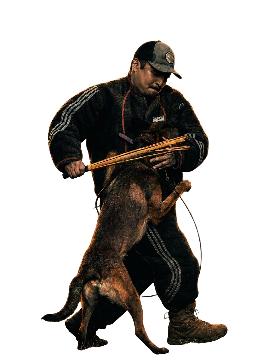 Gohld K9 decoy in a bite suit working a Belgian Malinois