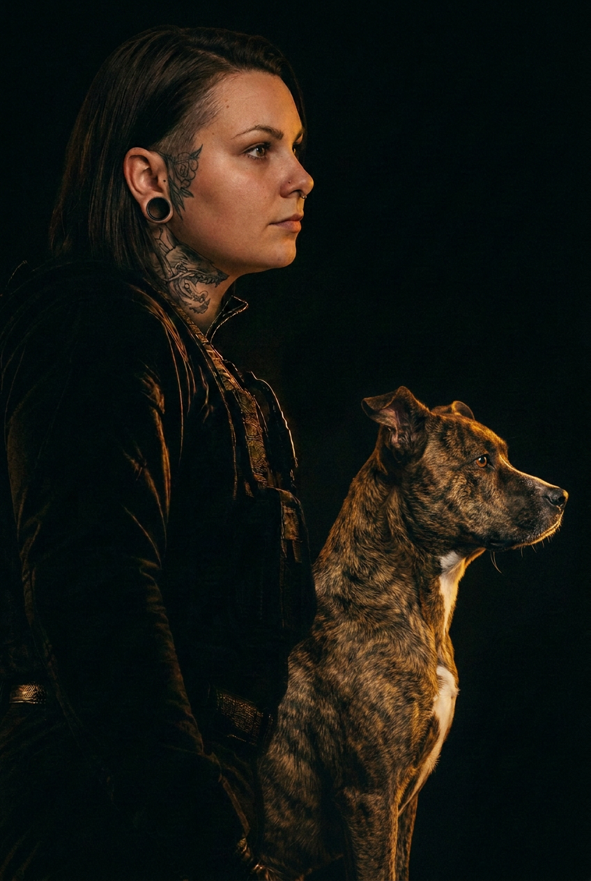 Gohld K9 trainer and brindle dog in profile against gold backlight